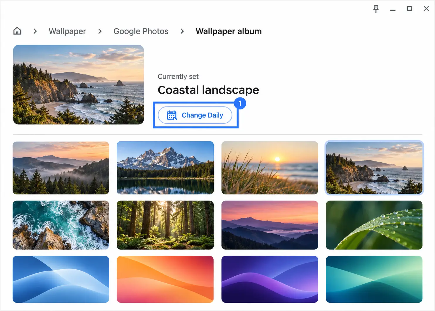 ChromeOS Google Photos album illustration highlighting the Change Daily button