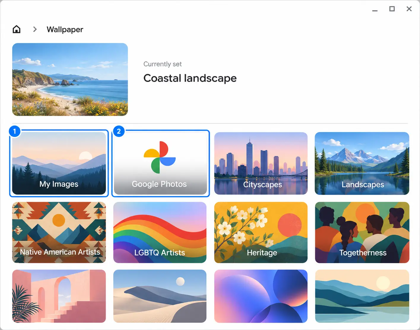ChromeOS wallpaper picker illustration highlighting My Images and Google Photos