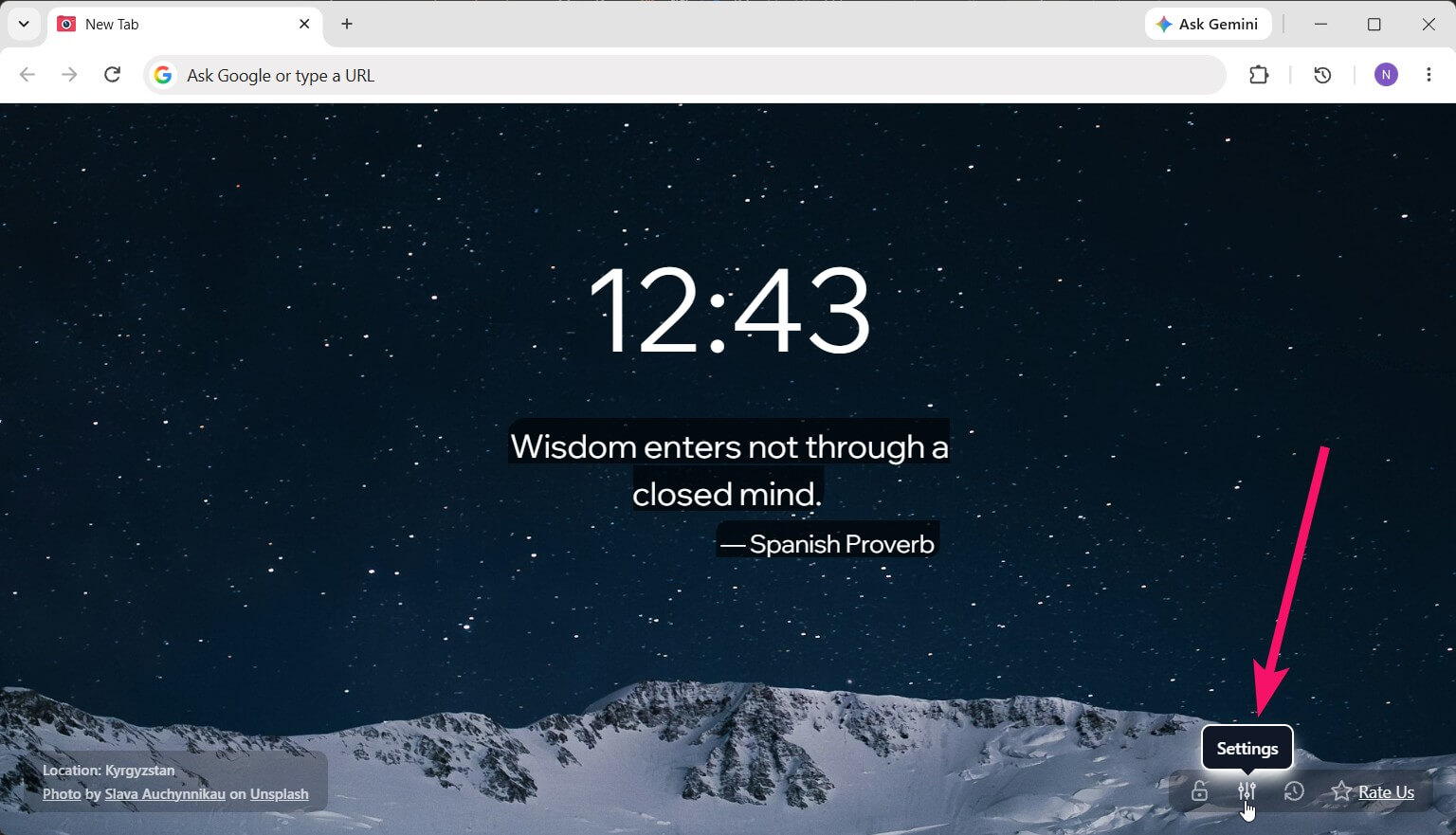 New tab with Beautiful Photos extension showing clock and text