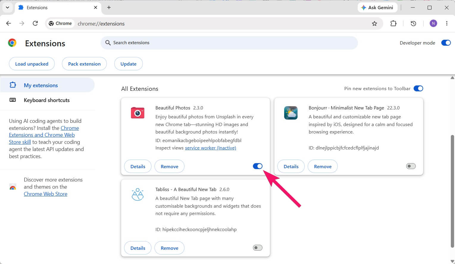 Disabling an extension on the chrome://extensions/ page