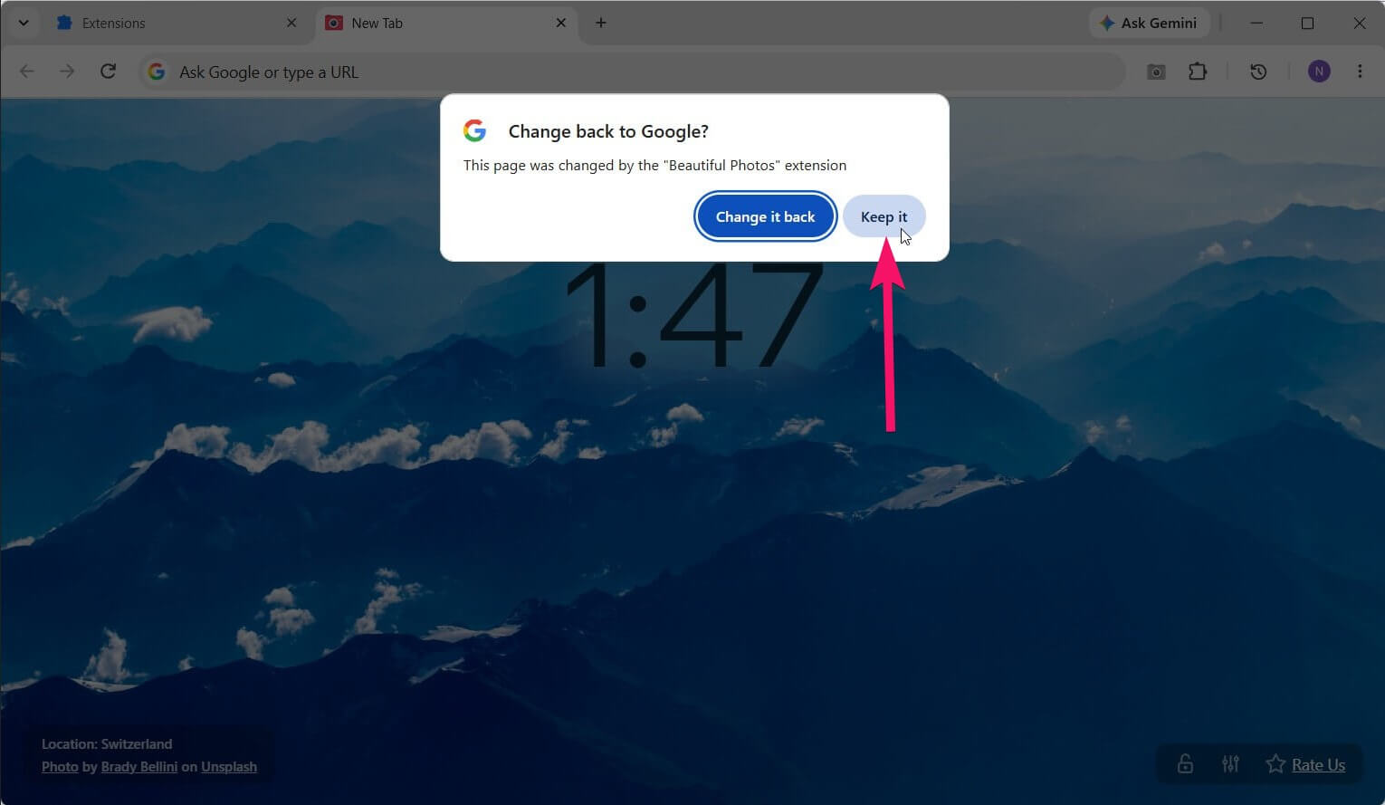 Chrome notification with Change back to Google and Keep it buttons