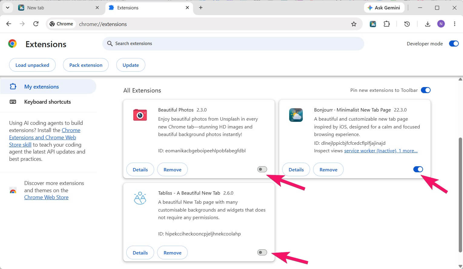 Toggling new tab extensions on chrome://extensions/