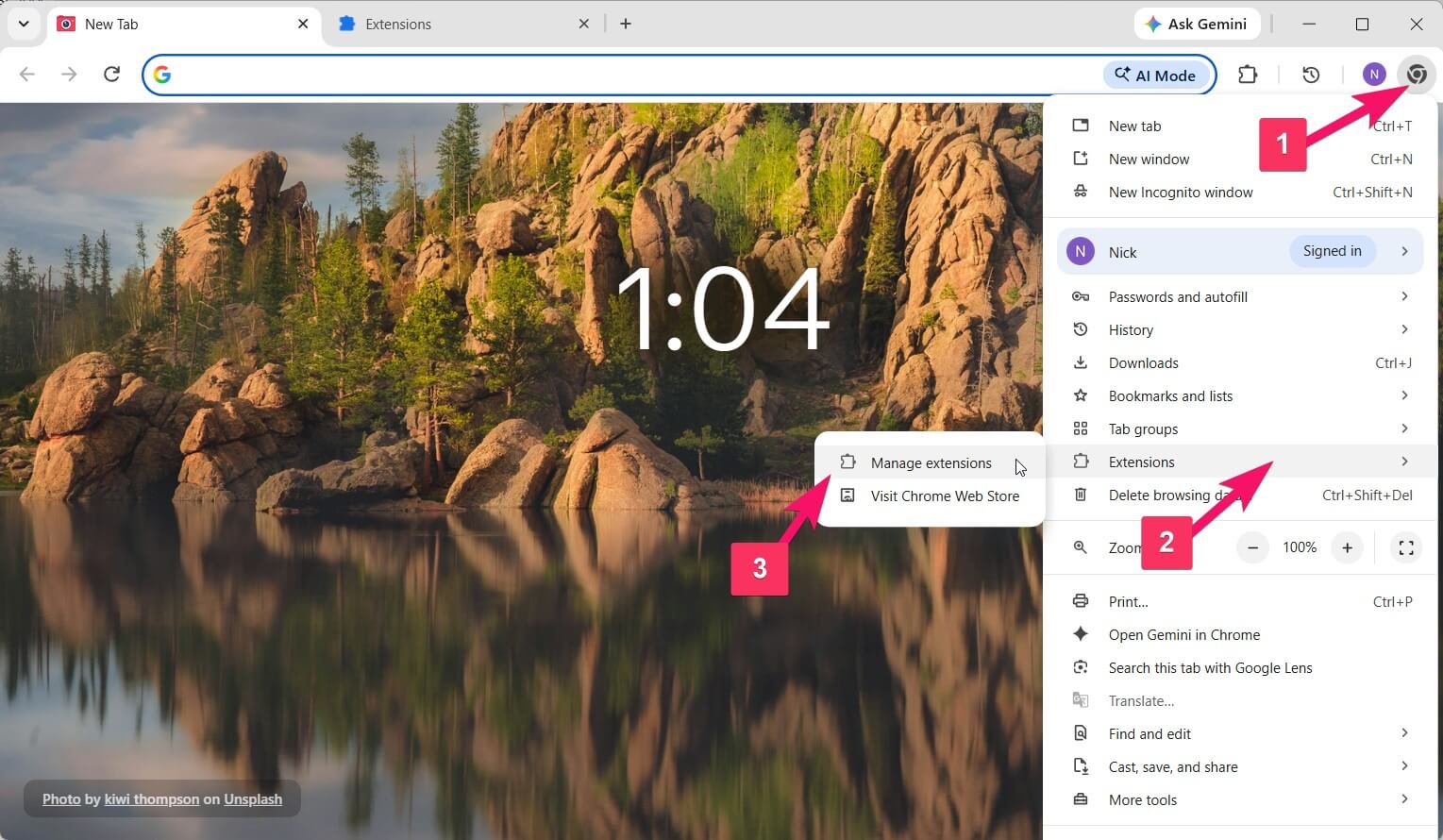 Opening the chrome://extensions/ page in Chrome