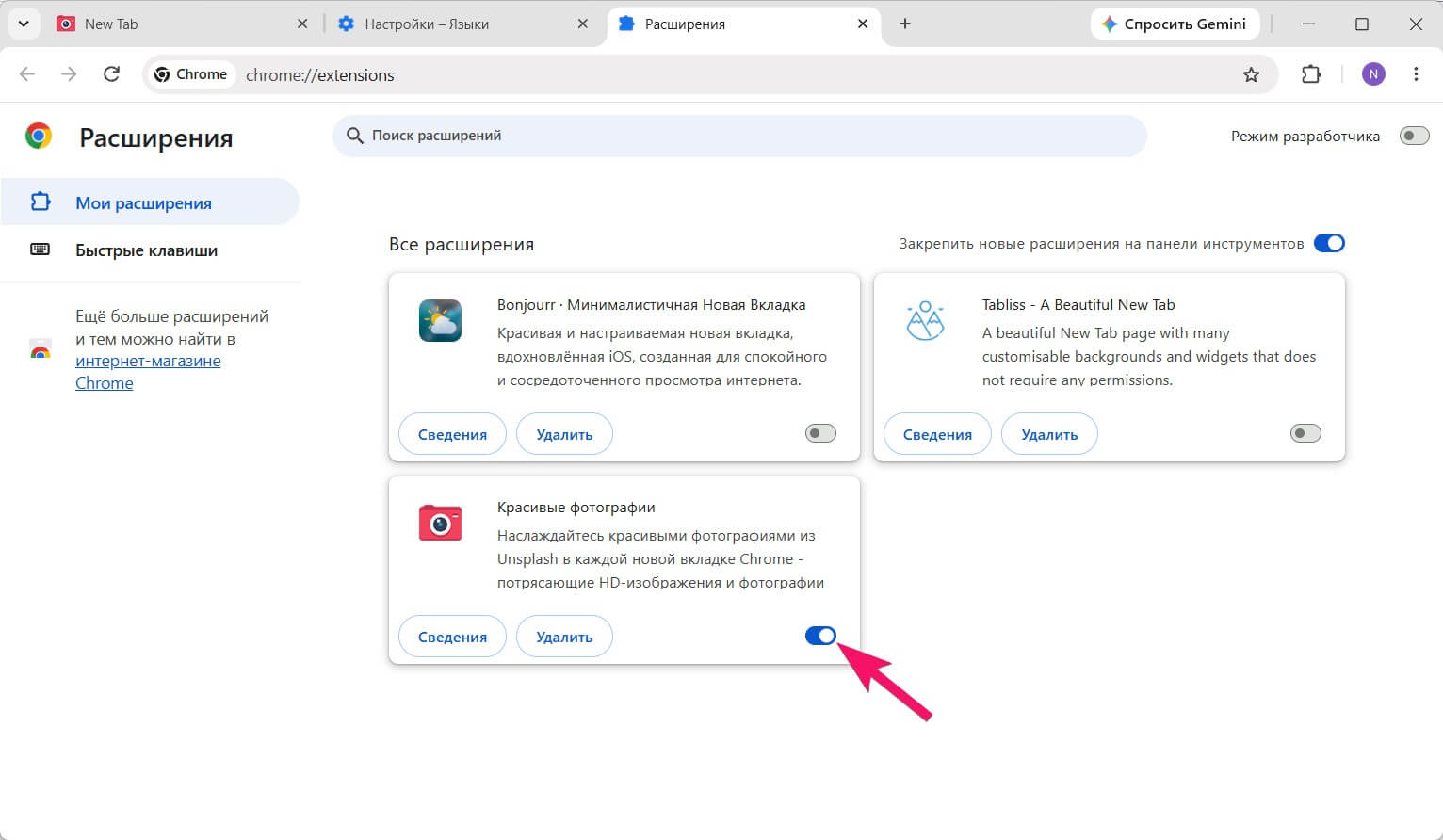 Отключение расширения на странице chrome://extensions/