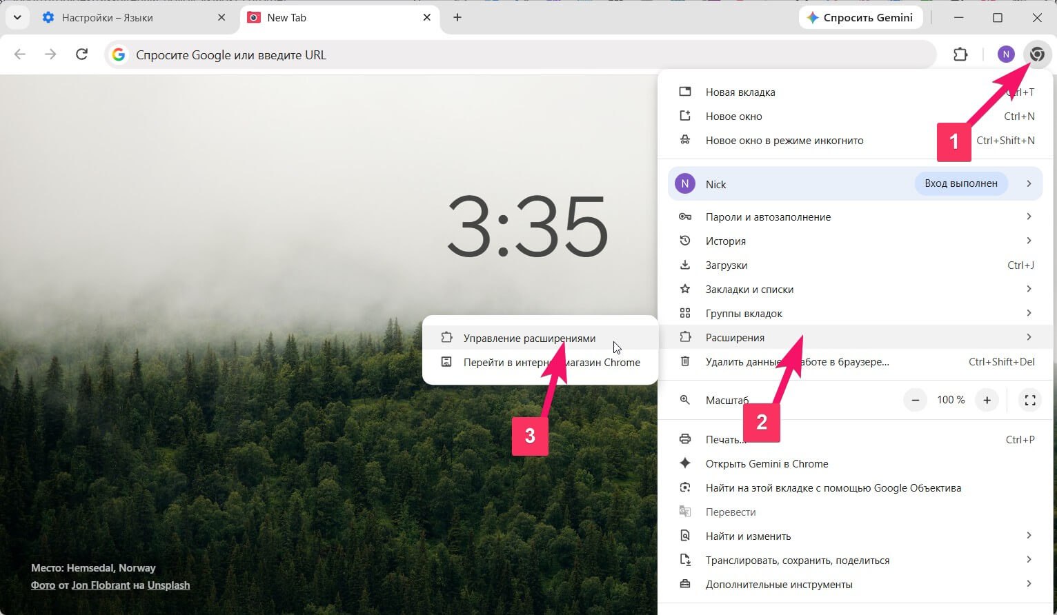 Открытие страницы chrome://extensions/